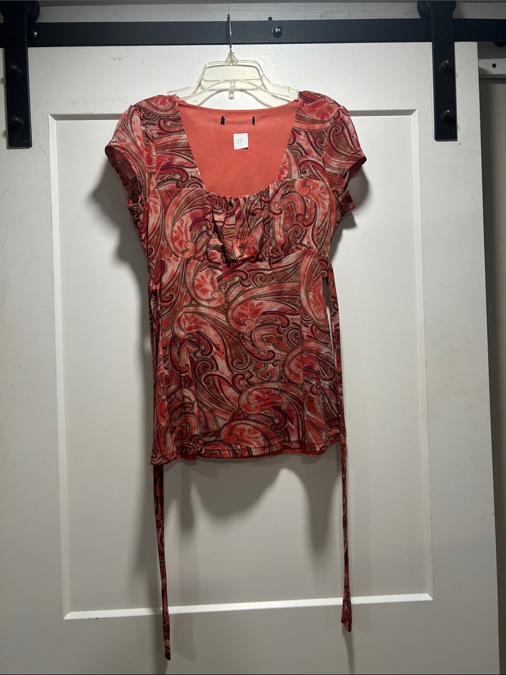 Women’s Paisley Short Sleeve Scoop-Neck Blouse in Coral